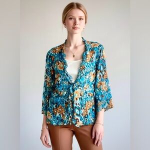 Kim Rogers Blouse M 3/4 Sleeve Semi~Sheer Ruffle Front tie Teal Brown~SKU034